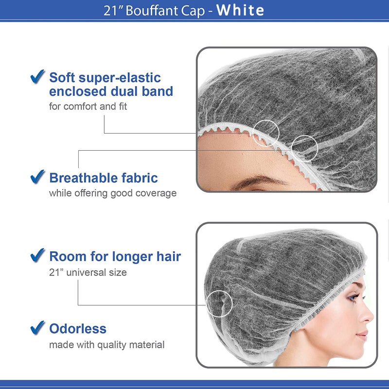 Smilco Disposable Bouffant Caps, 21inches Hair Net, Elastic Dust Cap for Food Service, Sleeping Head Cover (White) - Image 3